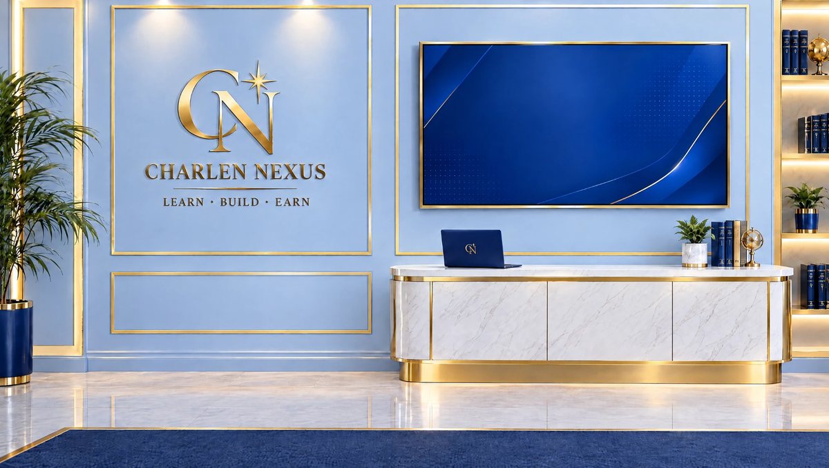 The Charlen Nexus studio: a blue and gold room with the Learn, Build, Earn wall and a presentation screen.